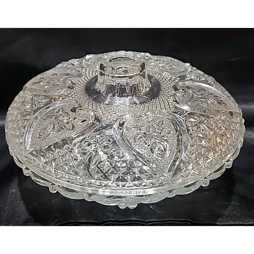 KIG pressed glass candy dish with lid featuring hearts and roses 7" Diameter